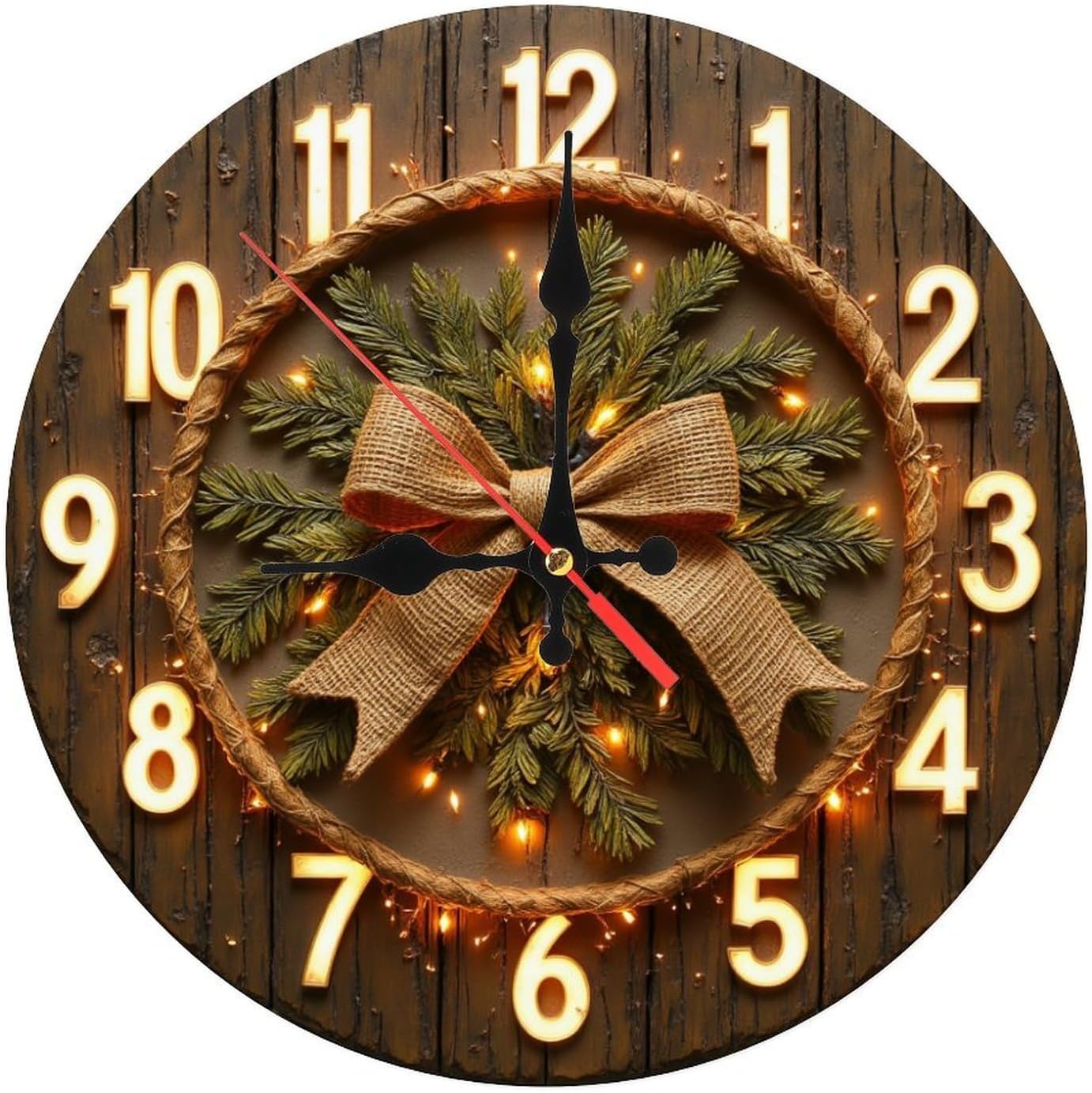 Illuminated Bow & Pine Wreath Wooden Wall Clock 25x25cm