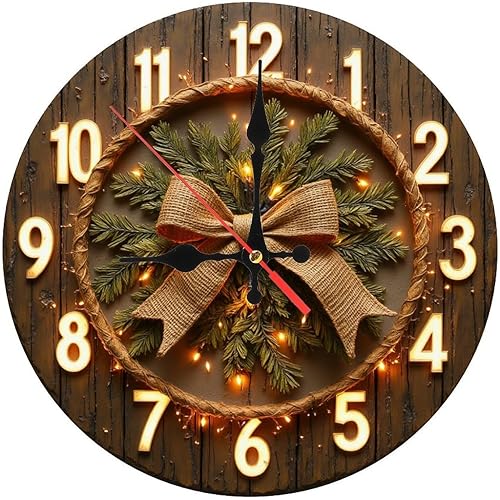 Illuminated Bow & Pine Wreath Wooden Wall Clock 25x25cm