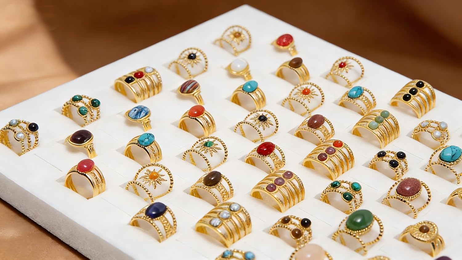 50Pcs Wholesale Bulk Rings for Women, Gold-Tone Stainless Steel Bohemian Style Adjustable Rings with Assorted Stones, Vintage Rings Set for Boutique & Gift Shop Retailers (50PCS)