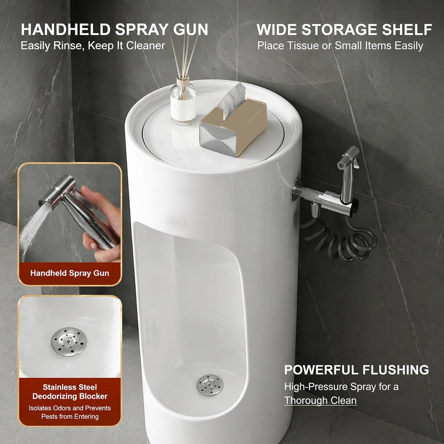 Ceramic Floor Standing Urinal for Men Bathroom, Foot-Operated Sensor Flush with Cleaning Spray Gun, Modern Waterfall Flushing Mens Urinal for Home, Office, Commercial Use