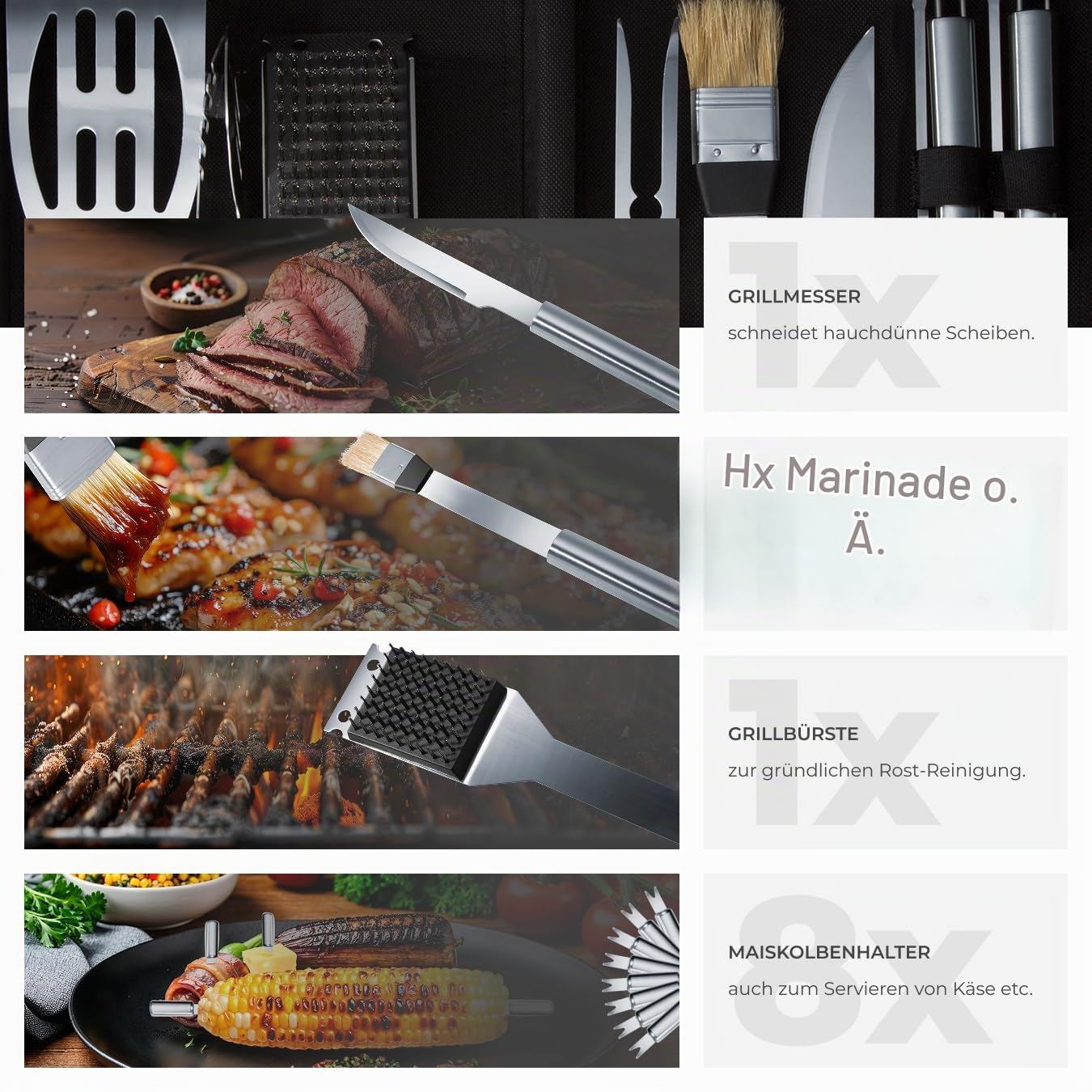 tectake® 18-TLG. Edelstahl Grillbesteck im Aluminium Koffer, Grillzubehör für Kugelgrill, Smoker, Kohlegrill, im Garten, beim Camping, als Geschenke für Männer, inkl. Fleischgabel, für Schaschlikgrill