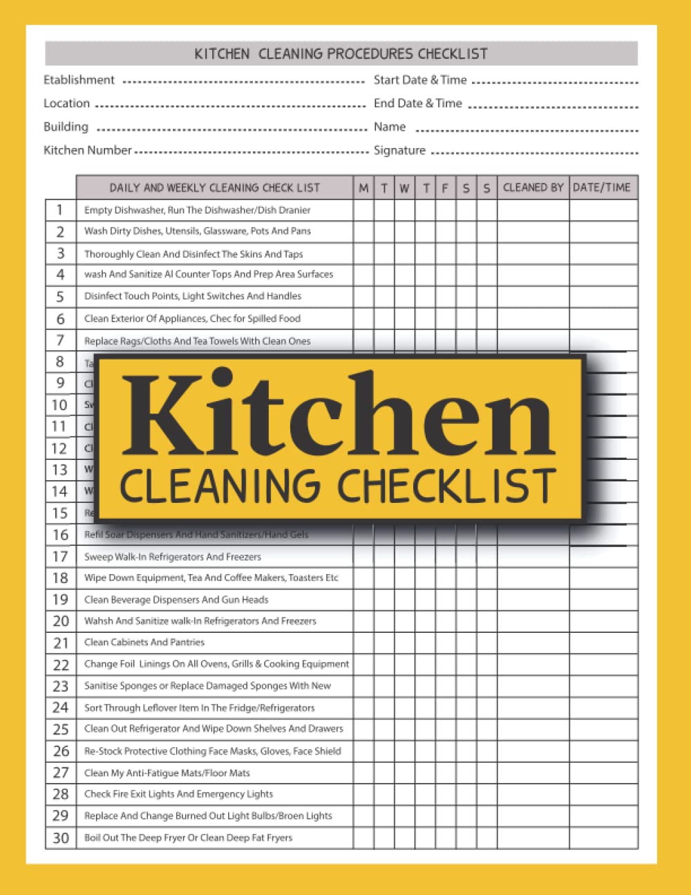 Buy Kitchen Cleaning Checklist Kitchen Cleaning Log Book for Food