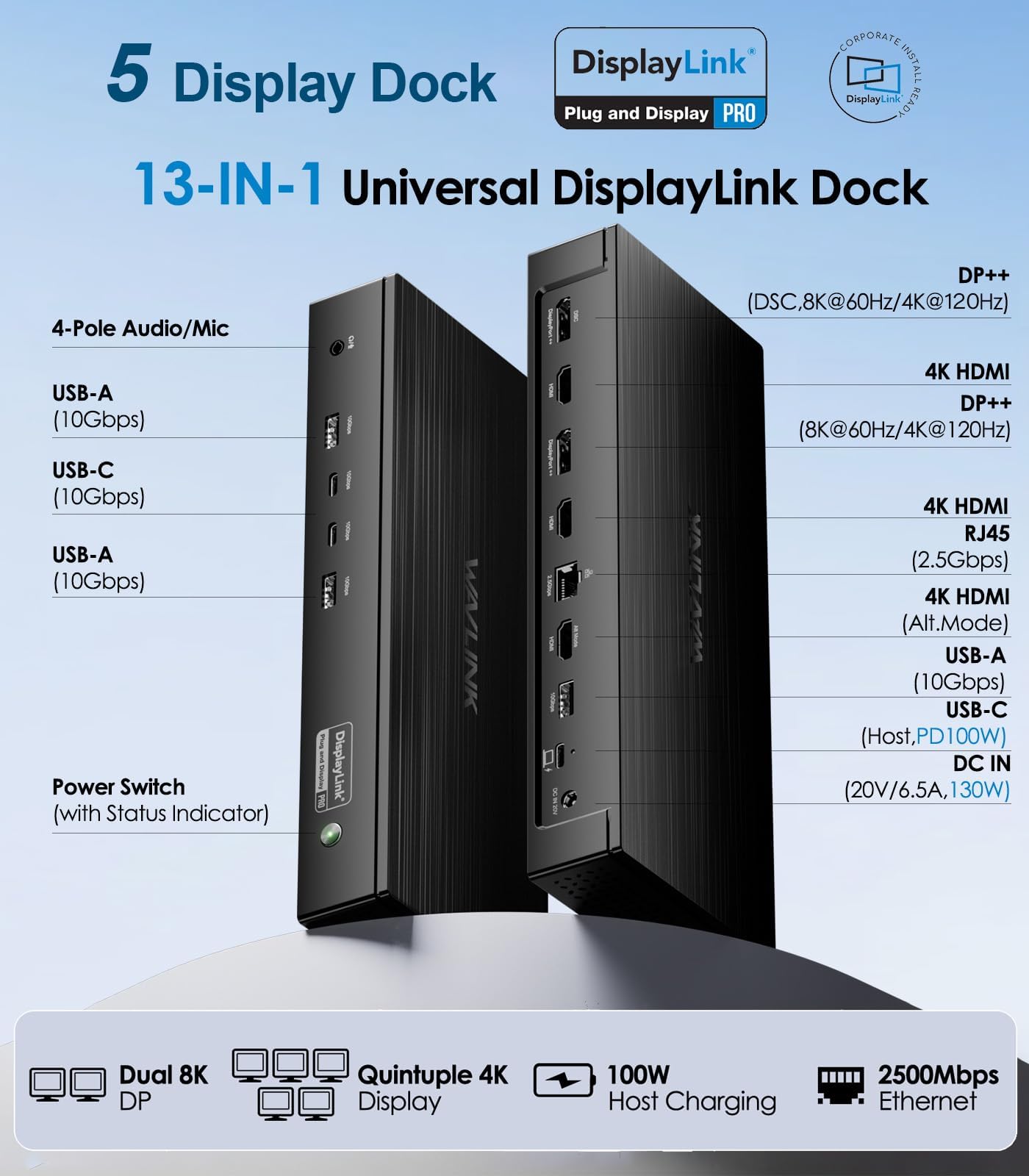Station d'accueil Pro 5 Moniteurs,WAVLINK DisplayLink Dock USB C Support Five 4K Displays for MacBook Neo/Mac/Windows,2X DP1.4(Dual 8K@60Hz),2X HDMI2.0,Alt HDMI, 2.5Gbps Ethernet, PD100W,Pilote requis