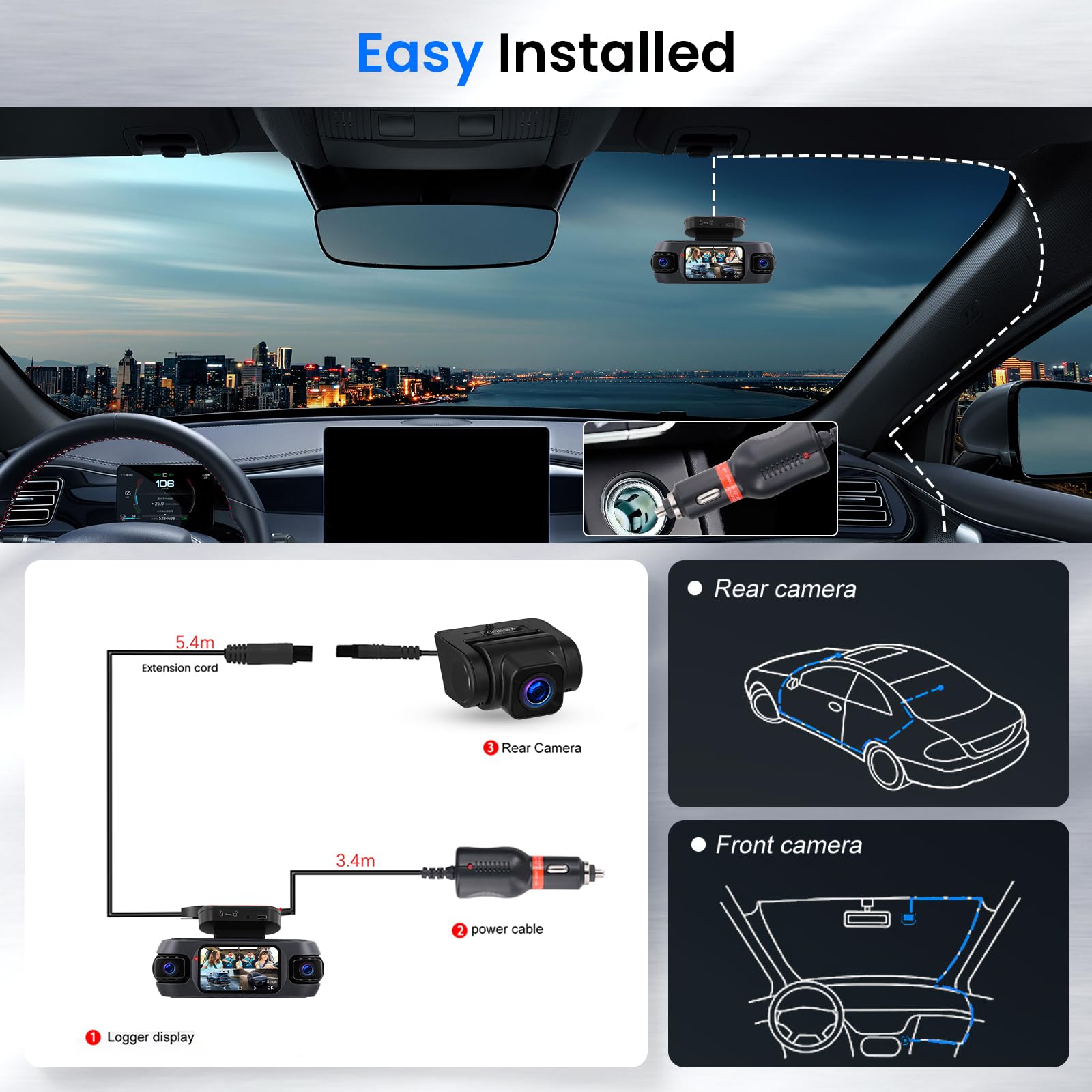 Hodozzy 360° Auto Dashcam 4K mit 5GHz WiFi, 4 Kameras Vorne Hinten, 8 IR-Nachtsicht, 3 Zoll IPS Touchscreen, Loop Aufnahme, G-Sensor, GPS-Ortung,Dash cam mit App-Steuerung
