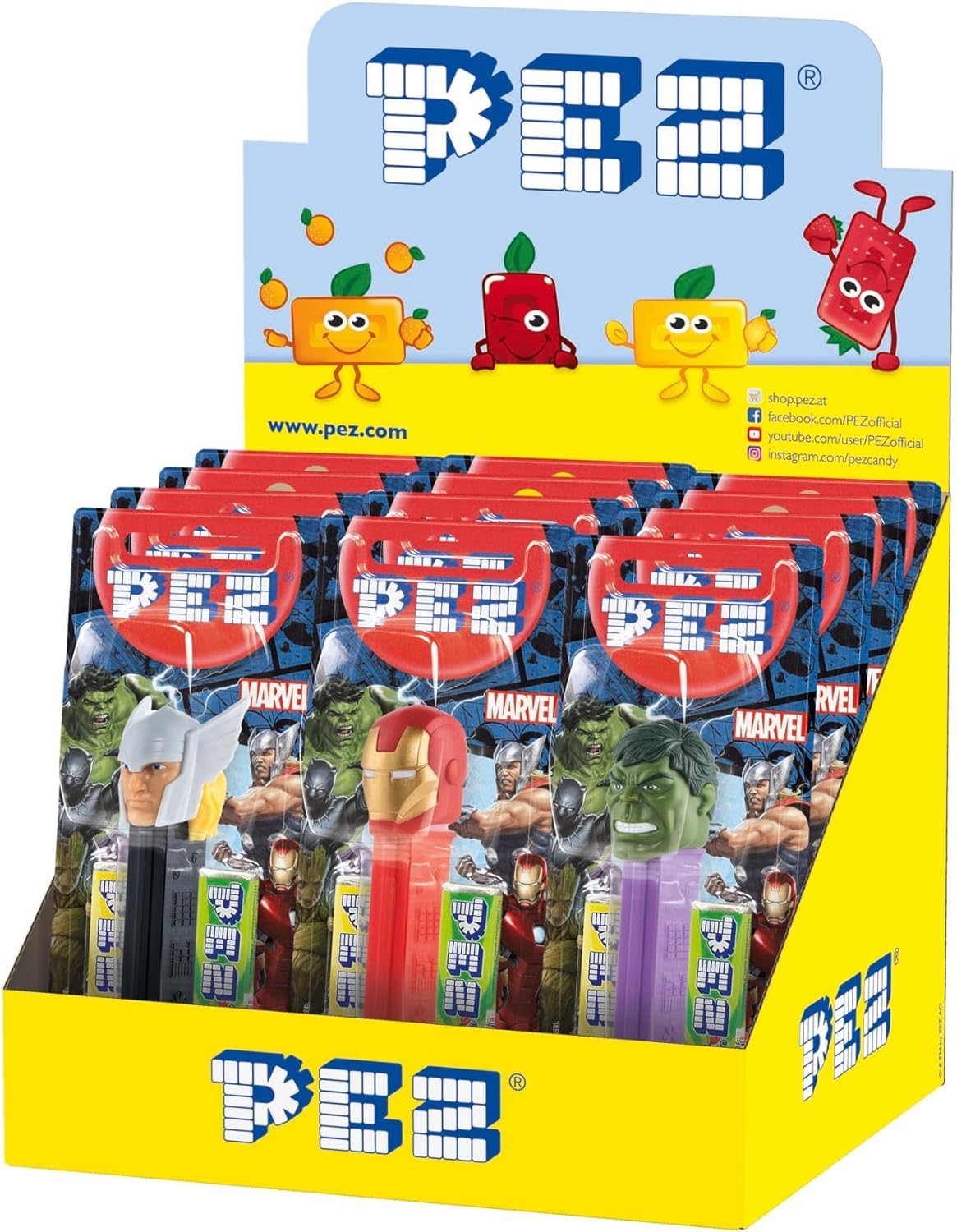 PEZ Marvel Character Sweet Dispenser, Strawberry & Lemon Flavoured, 2 x 8.5 g Refills (Pack of 12)