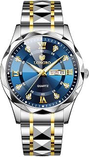 LONGBO Trident Diamond Analog Watch Black Dial Roman Numeral Markers Stainless Steel Bracelet Day-Date Calendar Luminous Business Formal Wristwatch Gift for Men Husband Brother