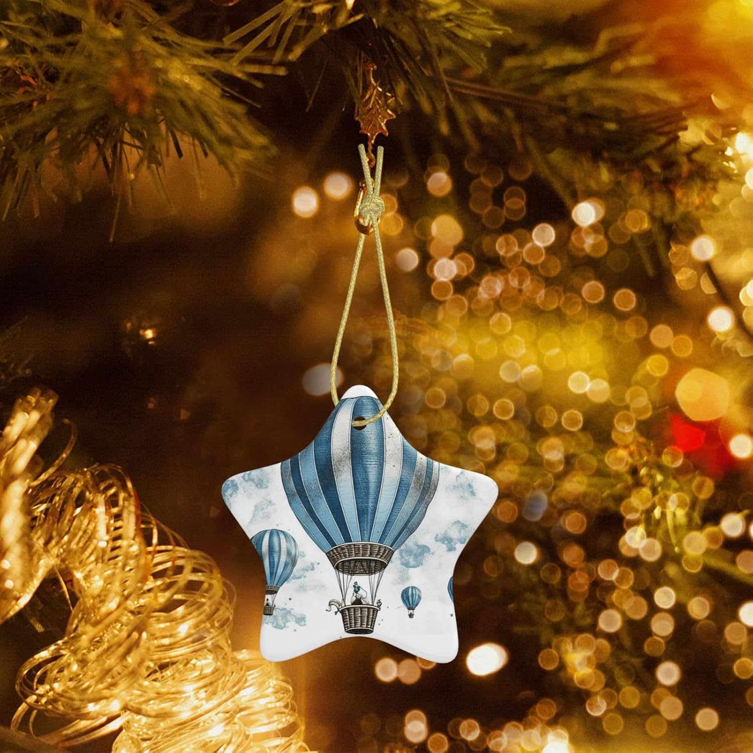 Blue Hot Air Balloon Christmas Ornament with Gold Ribbon Christmas Tree Ceramic Ornament Xmas Star Shape Hanging Ornaments Pendants Round Xmas Crafts for Holiday Party Decoration Gift