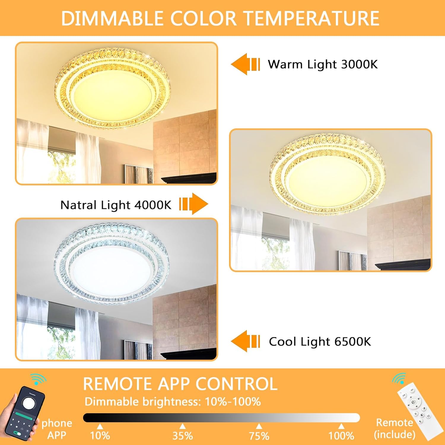 31.4'' Dimmable Crystal Chandelier Modern LED Flush Mount Ceiling Light Fixtures for Living Room Bedroom Hallway Kitchen Island Staircase Silver