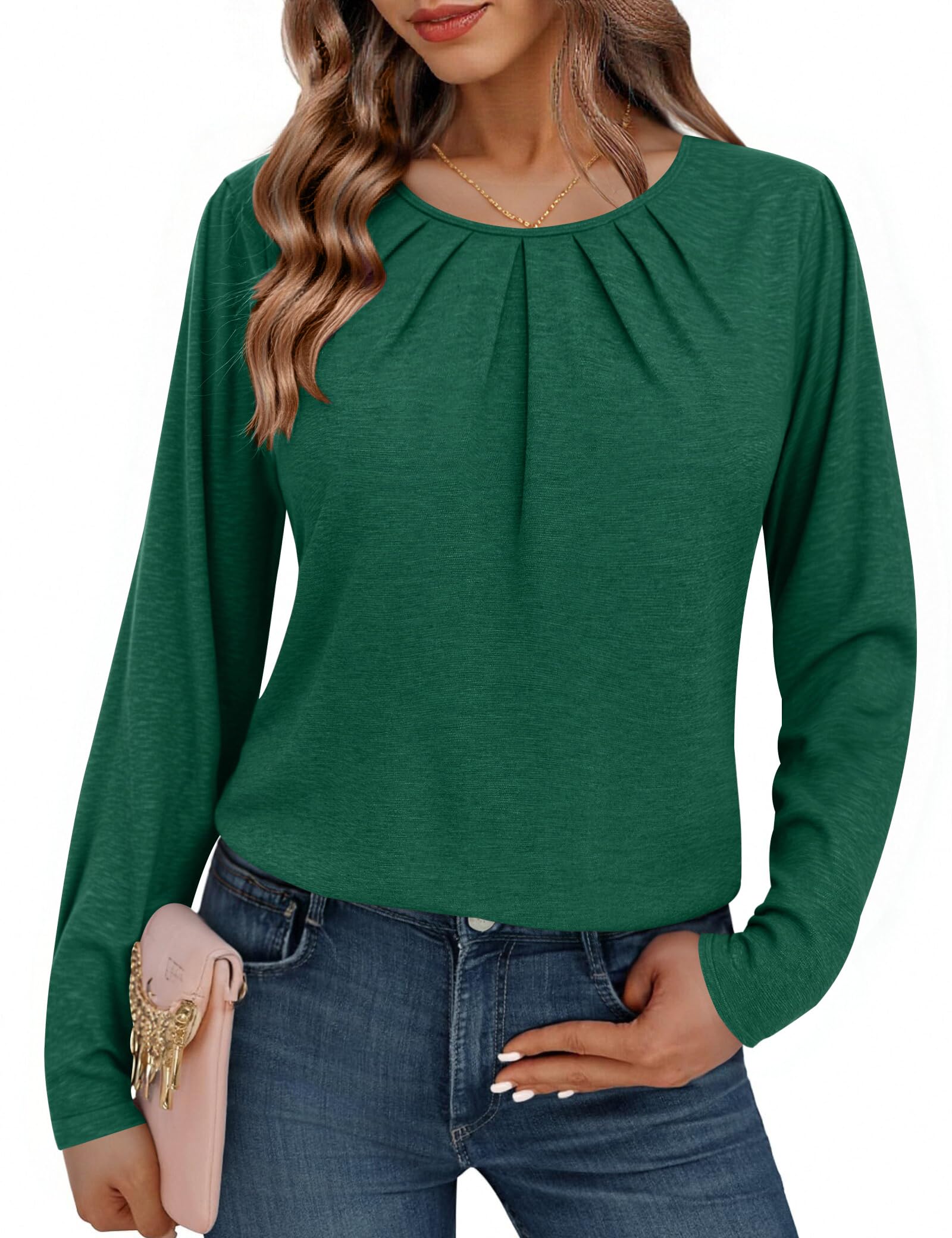 Totatuit Langarmshirt Damen Rundhals Longshirt Solide Bluse Elegant Basic T-Shirt Lässig Oberteile mit Raffung für Frühling Herbst