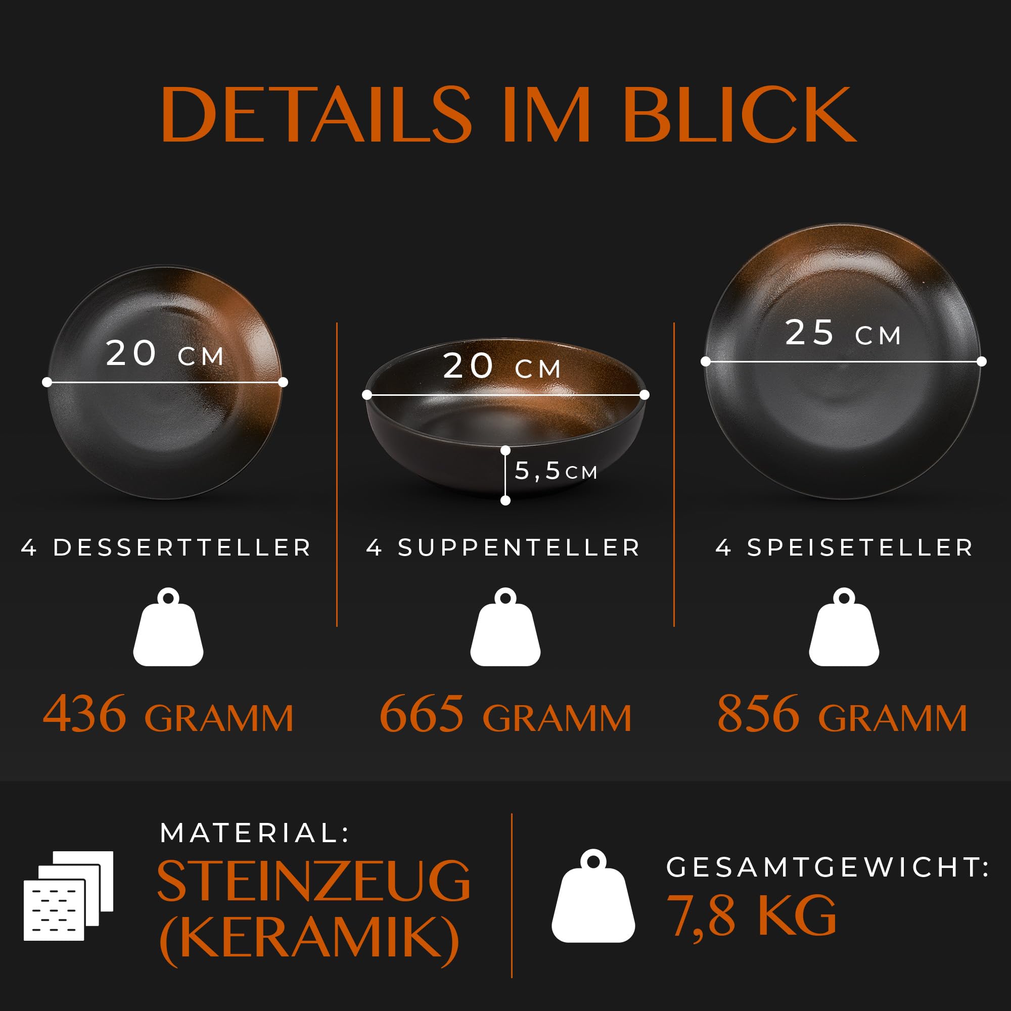 12-teiliges Geschirr-Set aus Steinzeug – Prairie Linie-edles Design im braun/schwarz Farbton, Service bestehend aus 4 Speisetellern, 4 Desserttellern und 4 tiefen Tellern/Premium Kollektion