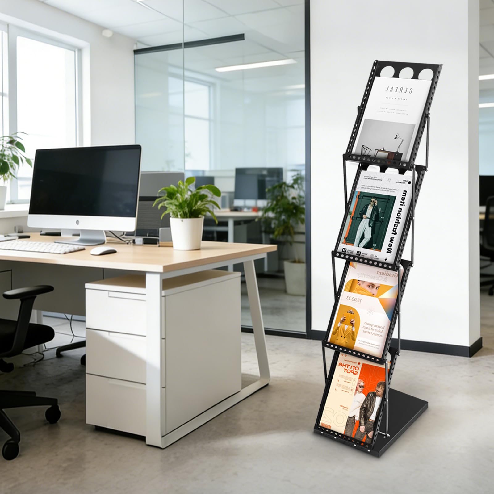 SUNDOY Faltbarer Zeitschriftenständer mit 4 Taschen – Magazinhalter & Broschüre Prospekthalter mit Tragetasche für Büro, Einzelhandel & Messe-Ausstellungen (Schwarz-27Bx36Tx130H)