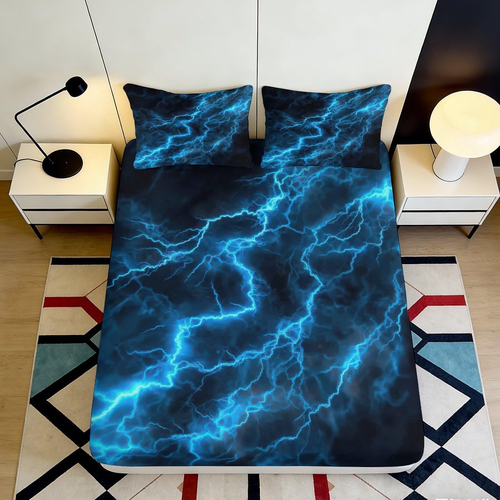Pnayamiorkfel Style-1 3D Printed Electric Lightning Fitted Sheet Microfiber Soft Blue Thunder Mattress Cover For Bedroom Guest Room Decor 90X200x25cm