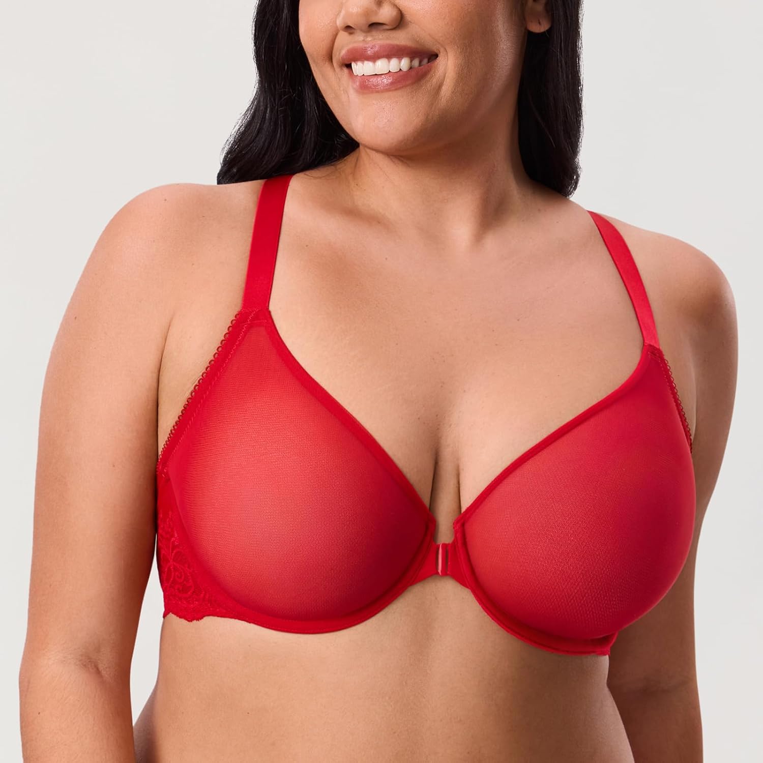 DELIMIRA Women's Front Closure Bras Racerback Sheer See Through Full Coverage Plus Size Underwire Unlined Bra - Image 4