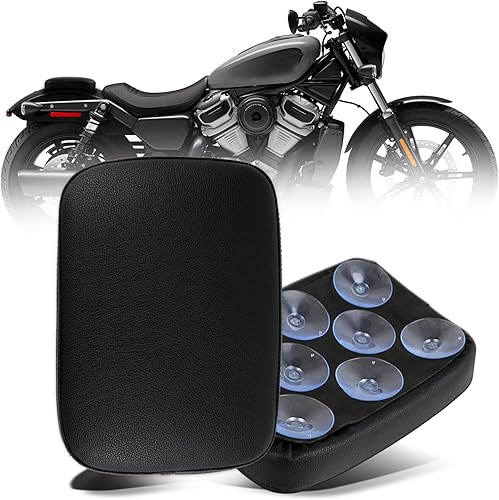 DREAMIZER Cojín de Cuero para Asiento Trasero de Motocicleta con 8 Ventosas Rectangular Compatible con Motos Harley Custom (Negro)