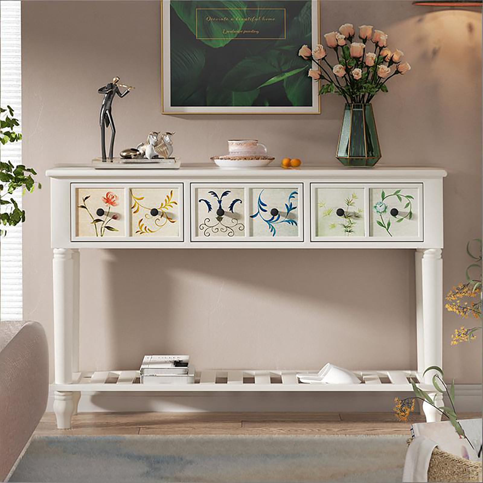 Mesa consola vintage de madera maciza con cajones para dormitorio 1