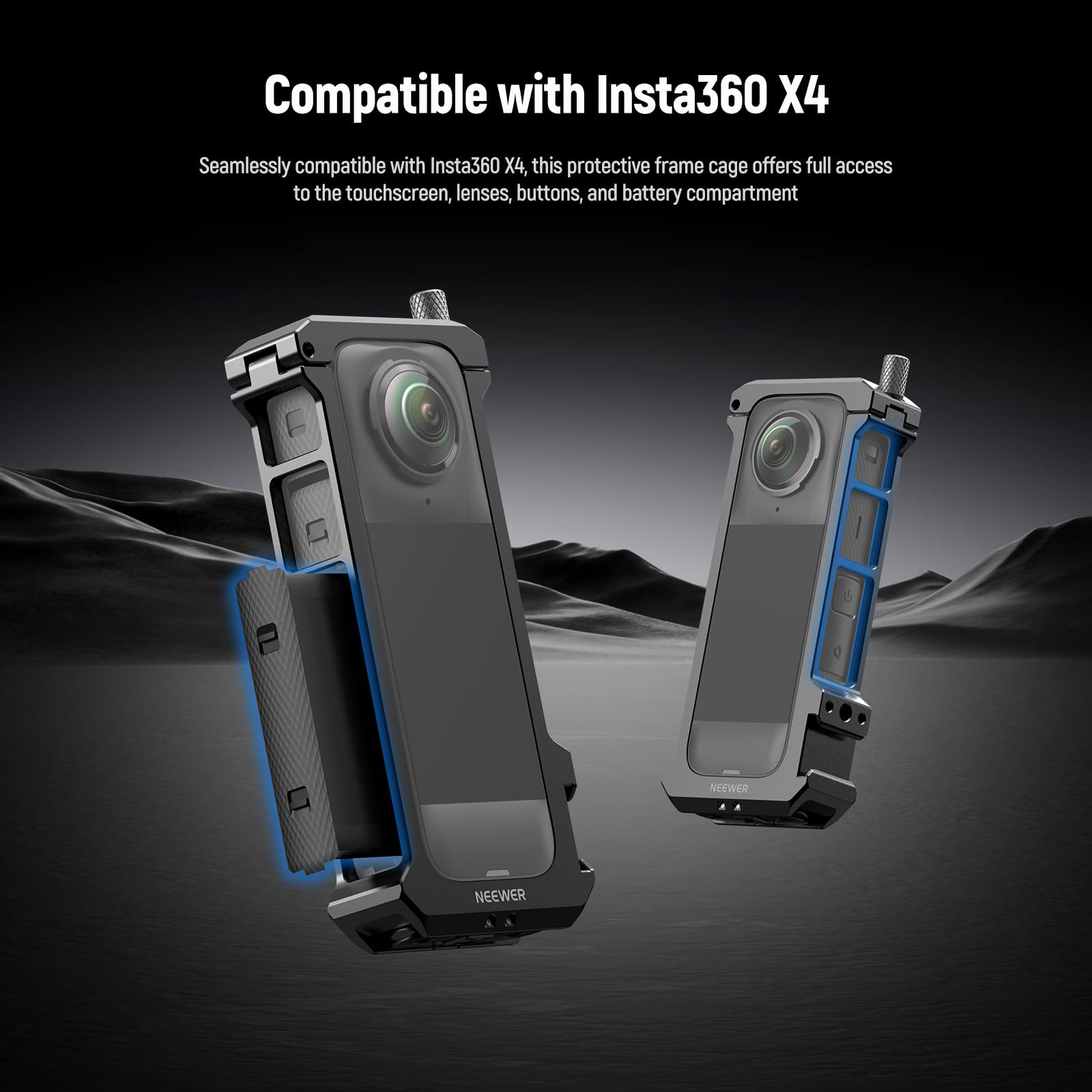 NEEWER Jaula Cámara para Insta360 X4, Funda Protectora Compatible con Insta360 X4, Vídeo Rig Aleación Aluminio Liberación Rápida, Adaptador Montaje, Roscas 1/4 y Tapa Objetivo, Action CAM Accesorios