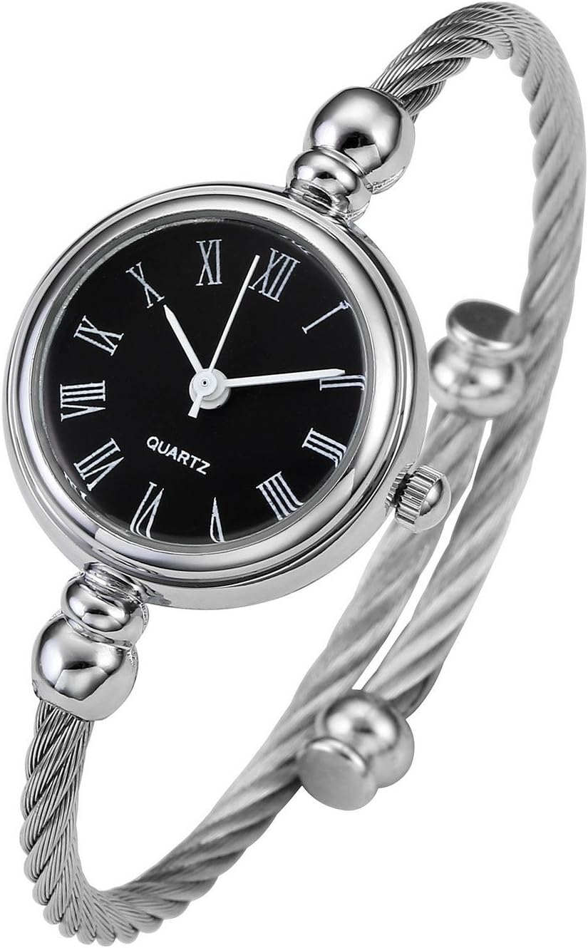 Top Plaza Womens Fashion Silver Tone Analog Quartz Bangle Cuff Bracelet Wrist Watch, Unique Elegant Stainless Steel Wire Band, Roman Numerals