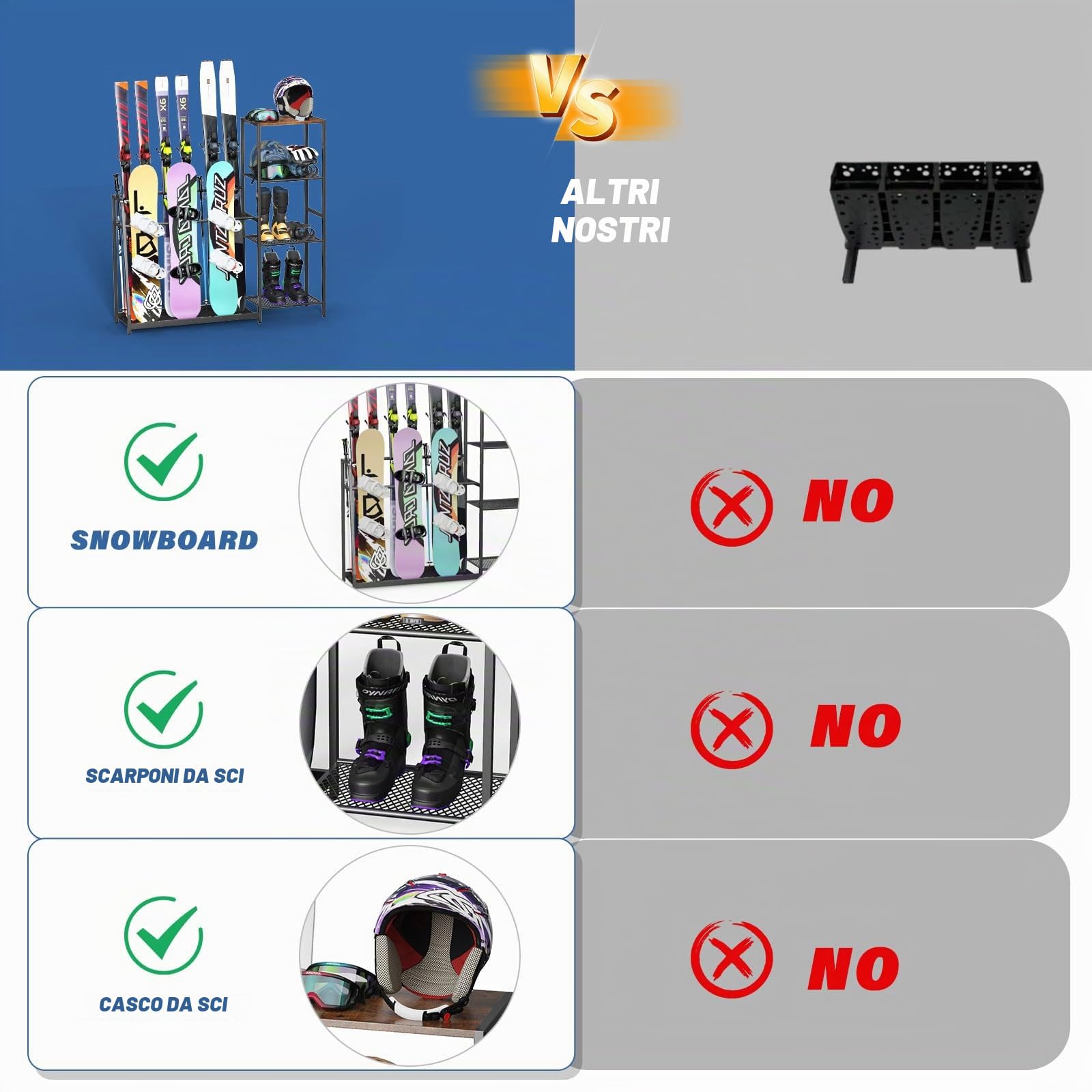 Rastrelliera autoportante per snowboard, 4 paia di sci, 3 confezioni da snowboard, scarponi, aste, occhiali, casco per garage, capannone, cantina