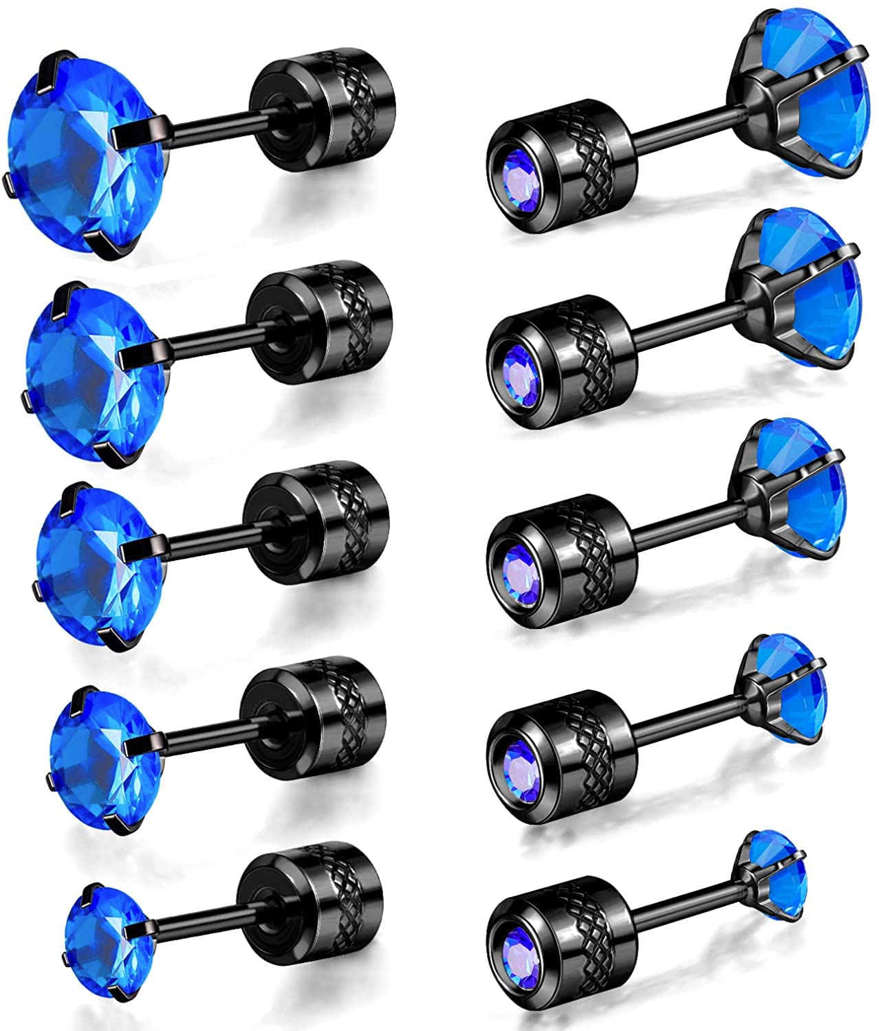 5 pares de aretes de acero inoxidable 316L con parte trasera plana, aretes de circonita cúbica de titanio para mujeres y hombres, Mediana, Titanio, Circonia cúbica