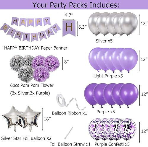 Miniatura 2 de Decoraciones de cumpleaños para niñas púrpura y plata Lavanda fiesta decoración Kit para ella mujer incluyendo feliz cumpleaños Banner pompón flor