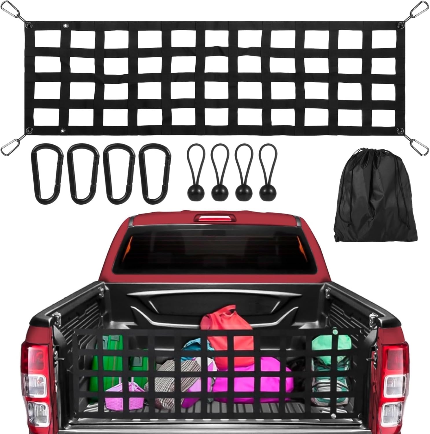 Cargo Netting for Pickup Truck Beds, Full Size Truck Tailgate Net, Ball Bungee Cords & Carabiners Heavy Duty Cargo Net, Tail Gate Extender Net