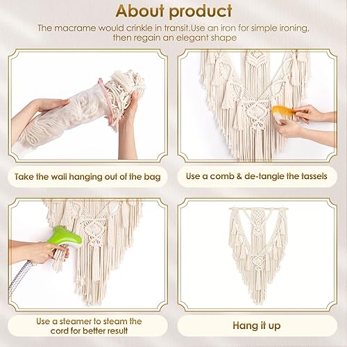 Miniatura 7 de ANROYE Macrame Boho Wall Hanging Decor, Geometric Woven Tapestry Chic Cotton Handmade Bohemian Art with Long Tassel, Craft Ornament for Dorm Home