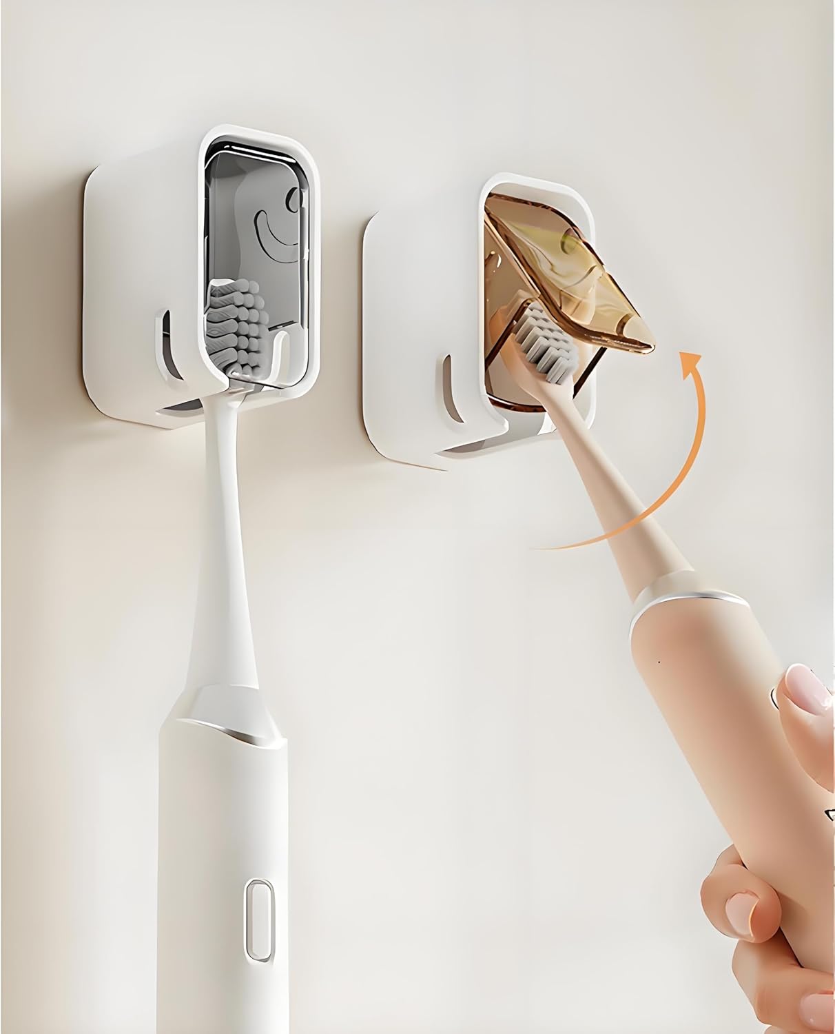 Toothbrush Holders with Cover for Bathroom Shower - 2Pcs Self Adhesive Mirror Wall Mounted Innovation Single Slot Dust-Proof Electric Tooth Brush Dispenser Storage Organizer for Family Kids & Travel