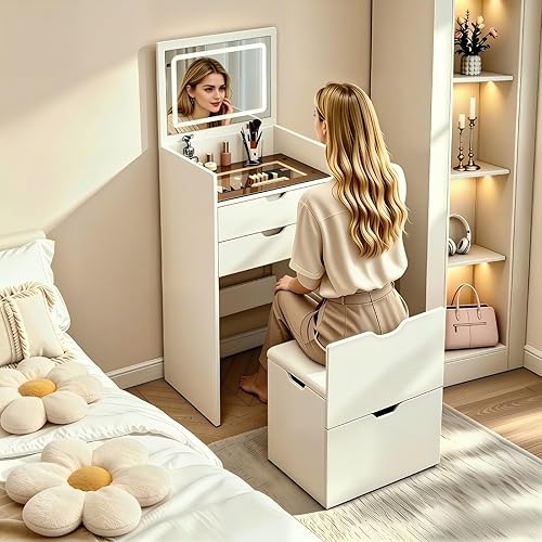 White Makeup Vanity - 3 in 1 Vanity Desk with Mirror and Lights, 18" Small Vanity with Hidden Chair, Flip Top & 3 Drawers, Space Saving Compact Vanity for Bedroom, Cloakroom