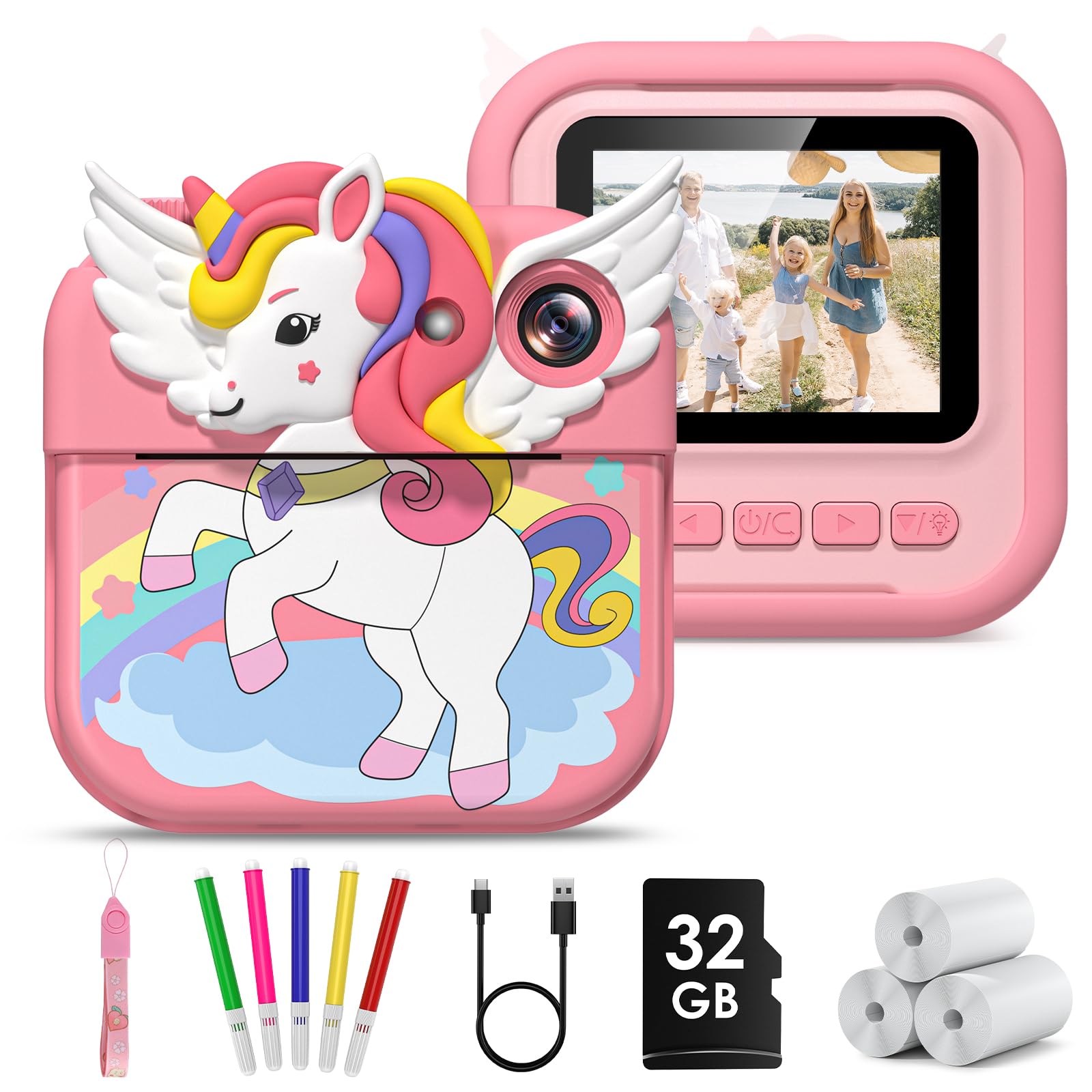 Gofunly Macchina Fotografica Bambini Istantanea, 2.4 Pollici Fotocamera Istantanea Bambini con 32GB Scheda, 12MP/1080P Fotocamera per Bambino, Regalo di Compleanno per Bambini dai 3-12 Anni
