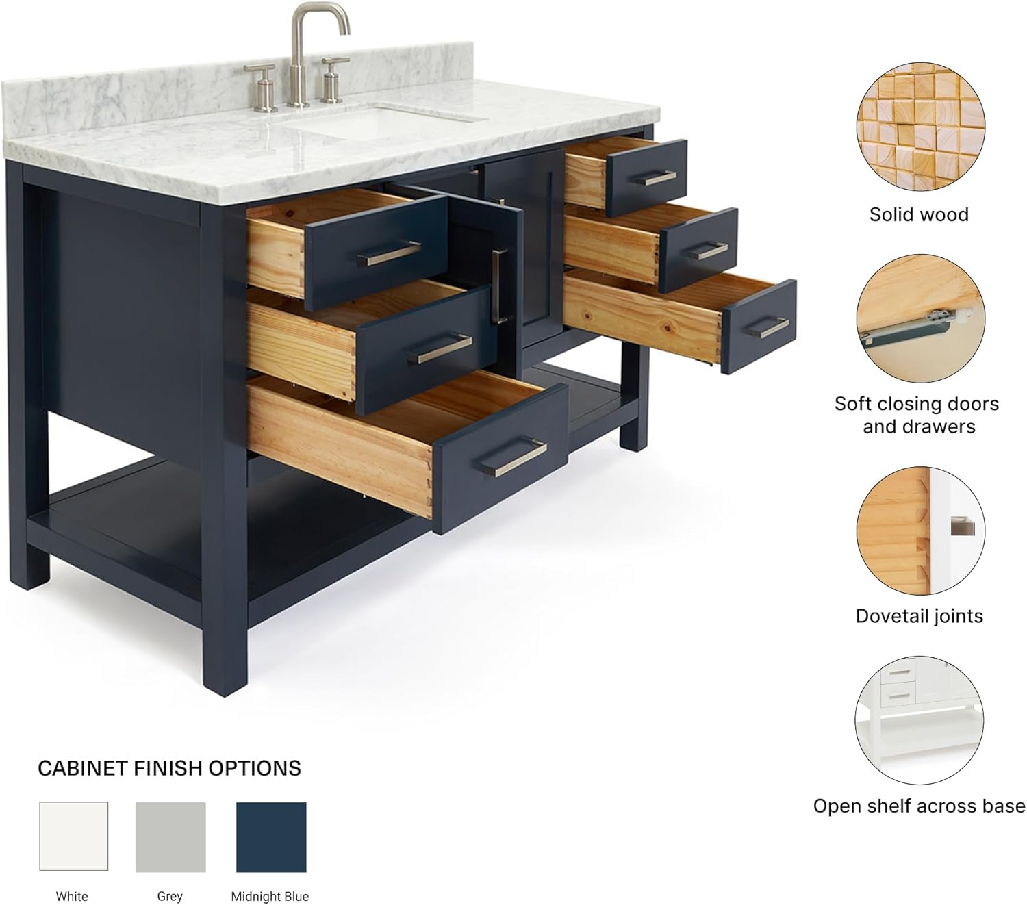 ARIEL Magnolia 54-inch Bathroom Vanity with Sink,Solid Wood, 1.5-inch Italian Carrara Marble Countertop, Single Rectangular Porcelain Sink, 2 Soft Closing Doors, 6 Dovetail Drawers, Midnight Blue
