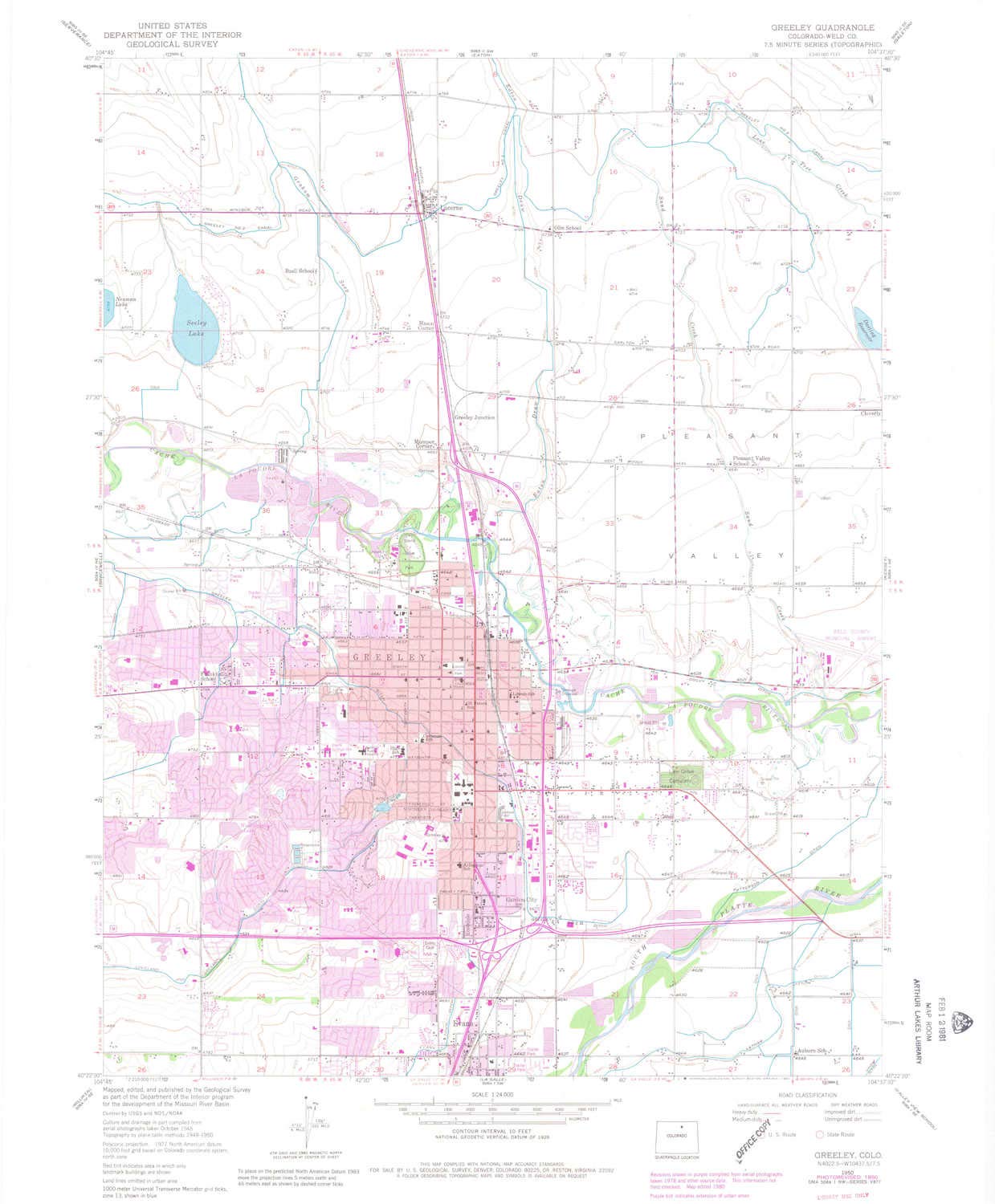YellowMaps Greeley CO topo map, 1:24000 Scale, 7.5 X 7.5 Minute, Historical, 1950, Updated 1980, 26.9 x 22.3 in - Tyvek