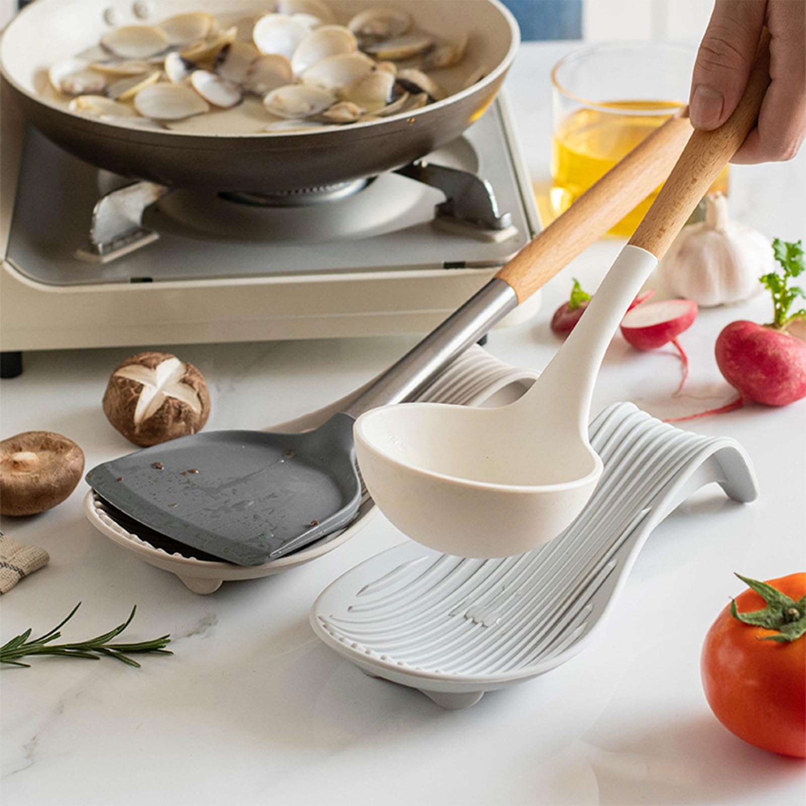 Soporte de silicona resistente al calor y antideslizante para encimera de cocina, soporte grande para utensilios de cocina (gris oscuro)