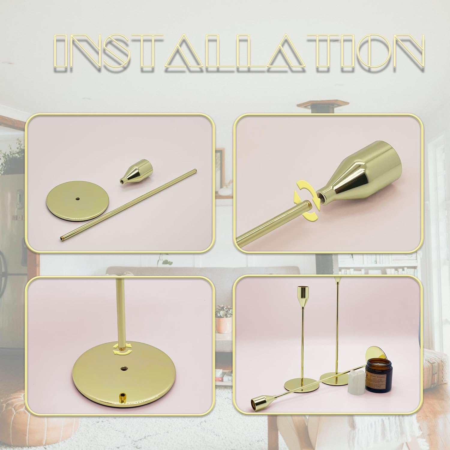 6Pcs Lemon Gold Candlestick Holders Set Fit 3/4" Tall Taper Candle Home Decorative Table Centerpieces for Family Dinning, Party Decoration image 5