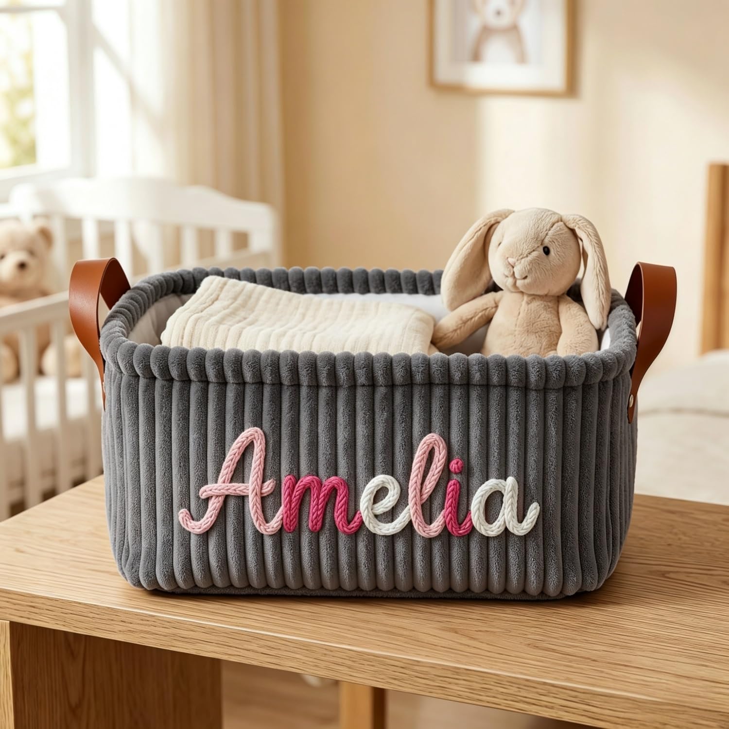 Bfbzyme Dark Gray Personalized Corduroy Baby Basket Organizer, Custom Name Storage Bin For Nursery, Multi-Use Diaper Caddy & Newborn Clothes Box, Baby Shower Favors