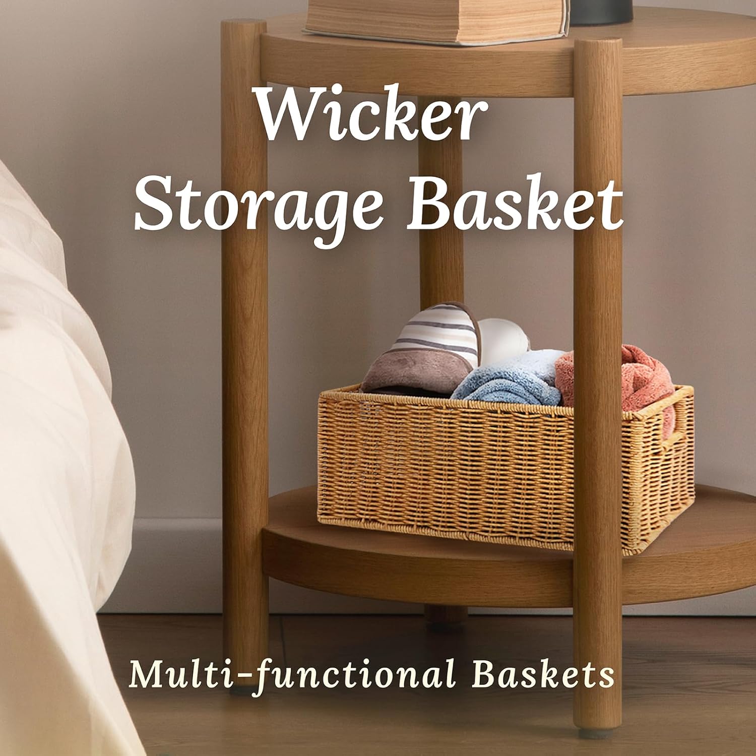 Wicker Basket with Handle, Shelf Baskets for Organizing, Woven Organization Storage with Handles, Resin Wicker Set of 3, Latte