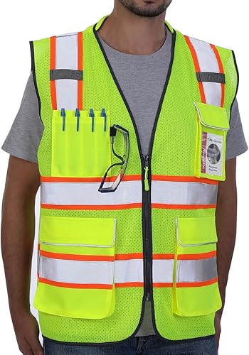 Miniatura 13 de Neopelta Chaleco de seguridad reflectante de malla naranja, chaleco de alta visibilidad con bolsillos y cremallera, cuello acolchado, chaleco