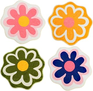Qunclay 4 Pcs Daisy Flower Bath Mat Non Slip Absorbent, 15.8 x 15.8 Inch...