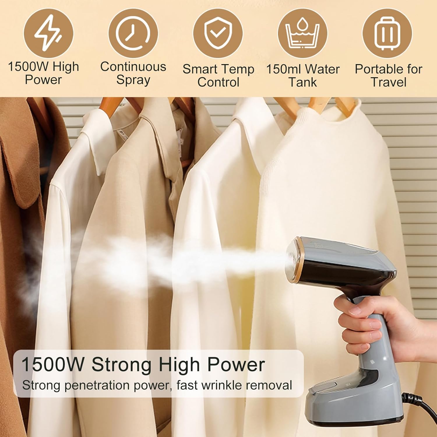 Powerful Handheld Clothing Steamer, 1500W Foldable Portable Clothing Wrinkle Remover, 15S Preheating, 20g/Min Strong Penetration Steam, 5.9ft Rope, Essential for Home, Travel & Office (Grey)
