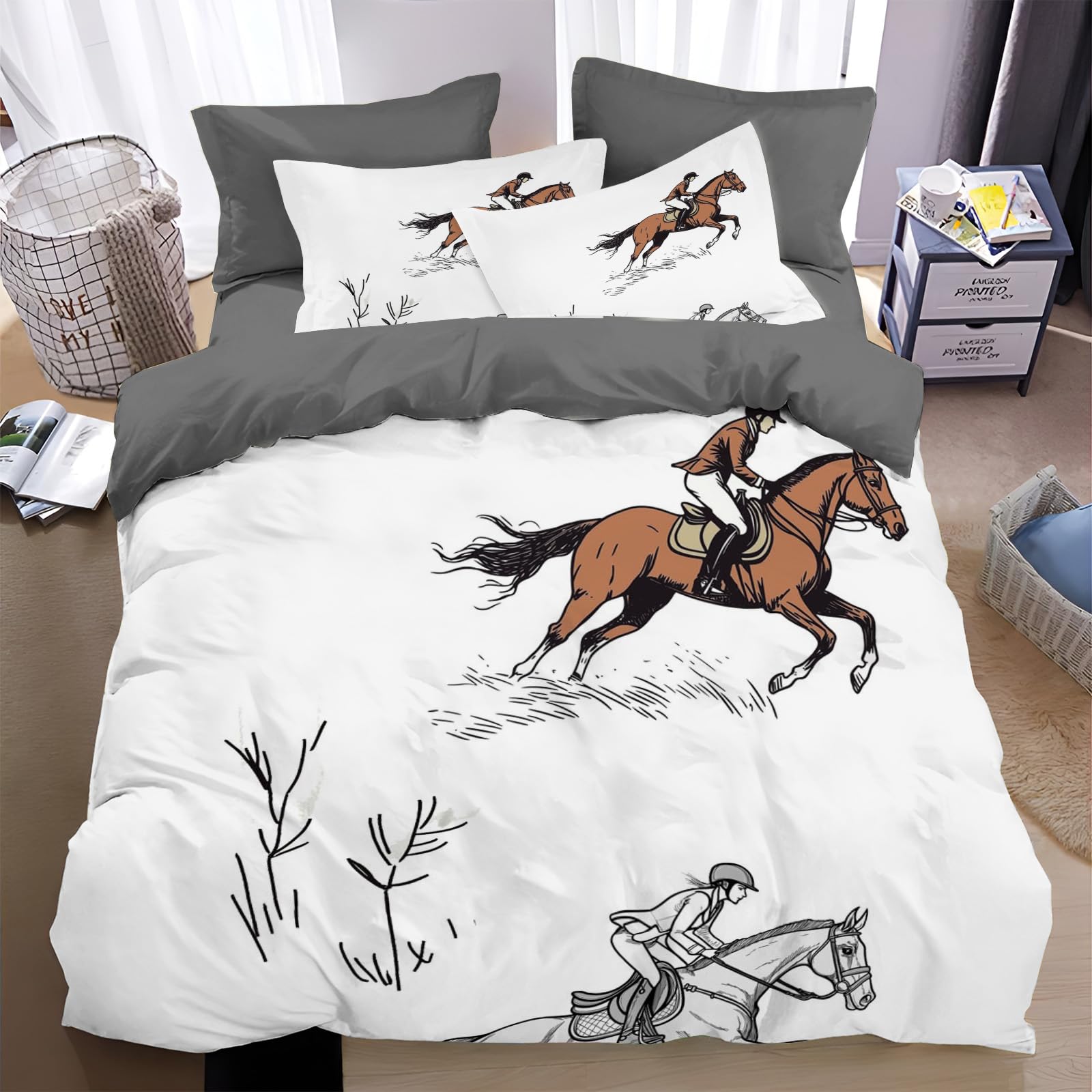 Housse de couette cheval et parure de lit rustique chic 3 pièces pour chambre enfant et ado