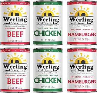 Werling & Sons Canned Meat Variety Pack 14.5 oz – Fully Cooked & Ready to Eat | 2 Hamburger, 2 Chicken, 2 Beef | Shelf-Stable Emergency Canned Food for Pantry Staples, Long-Term Storage, Camping & Quick Meals | Pack of 6