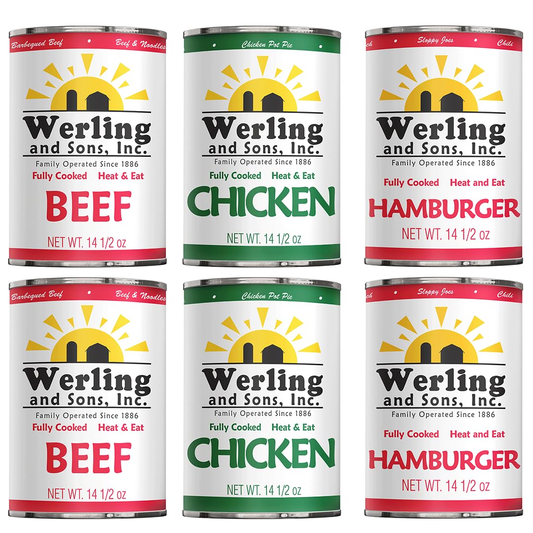 Werling & Sons Canned Meat Variety Pack 14.5 oz – Fully Cooked & Ready to Eat | 2 Hamburger, 2 Chicken, 2 Beef | Shelf-Stable Emergency Canned Food for Pantry Staples, Long-Term Storage, Camping & Quick Meals | Pack of 6