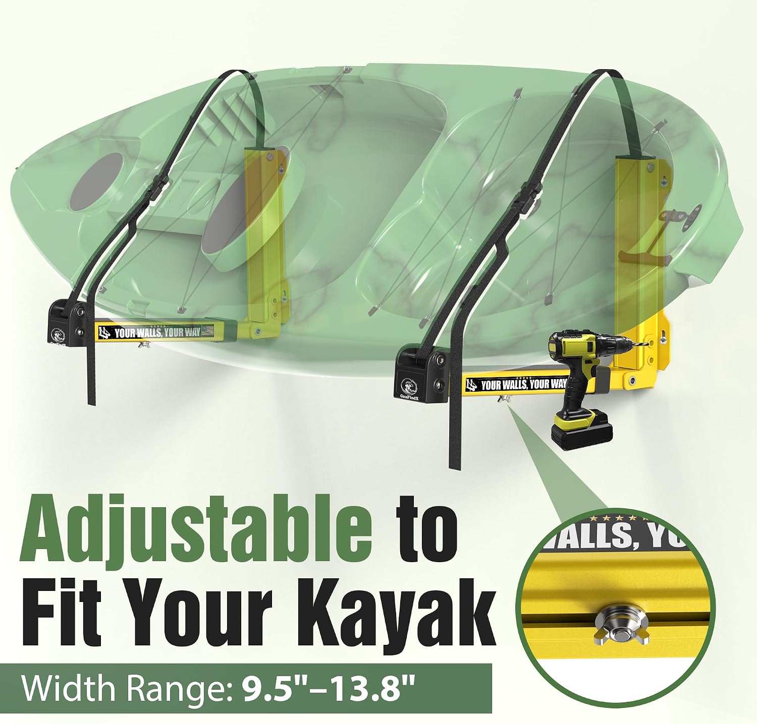 GanFindX Foldable Kayak Wall Rack | Heavy-Duty 11.8-17" Kayak Storage Rack Hanger & Metal Buckle Straps, Indoor/Outdoor Cradles for Canoe, Kayak, Paddle Board, Surfboard, Snowboard (Dark Yellow)