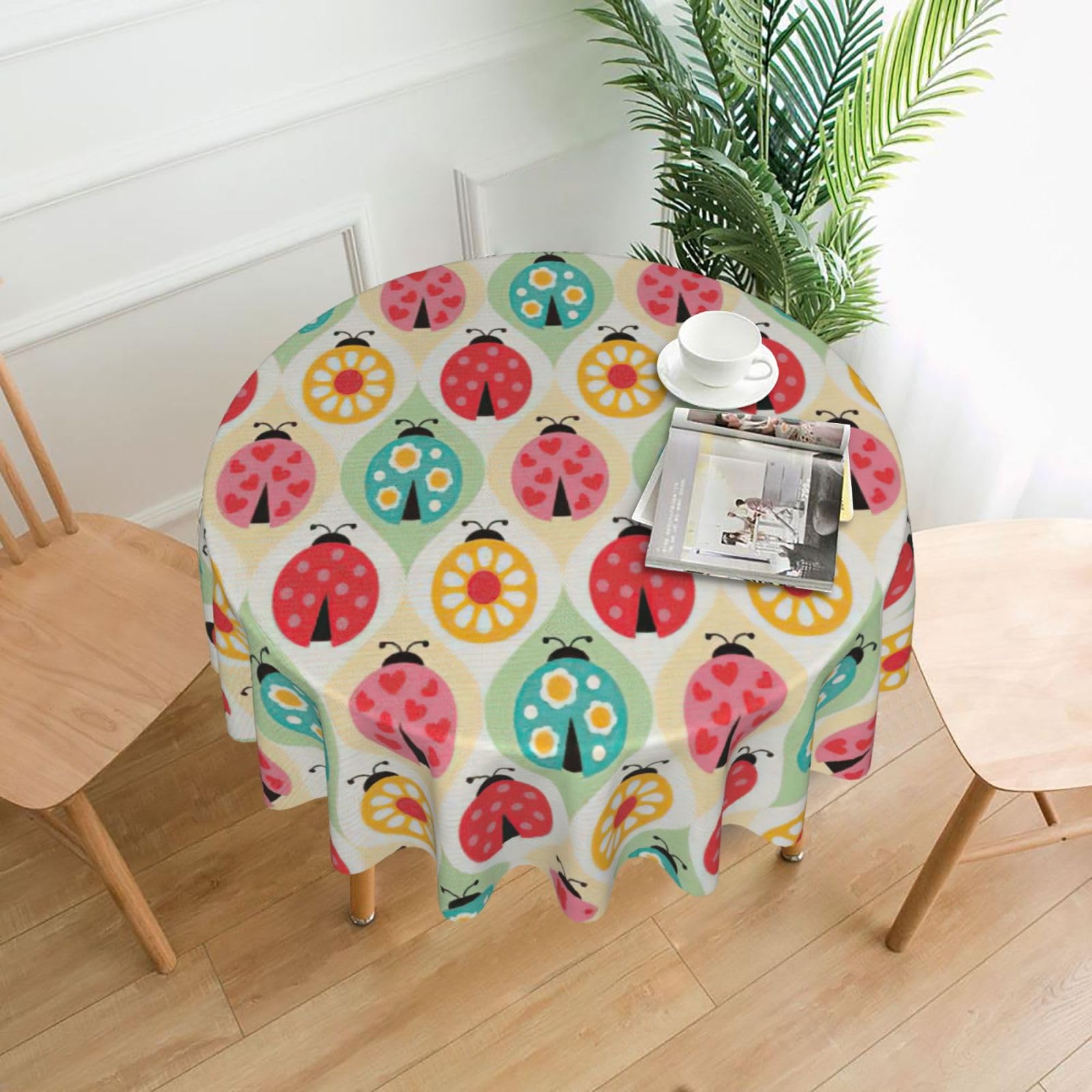 VCzsdff Ladybugs Cartoon Pattern Print Stain Resistant Round Tablecloth 60in Family Friendly Polyester Cloth for Kids Meals