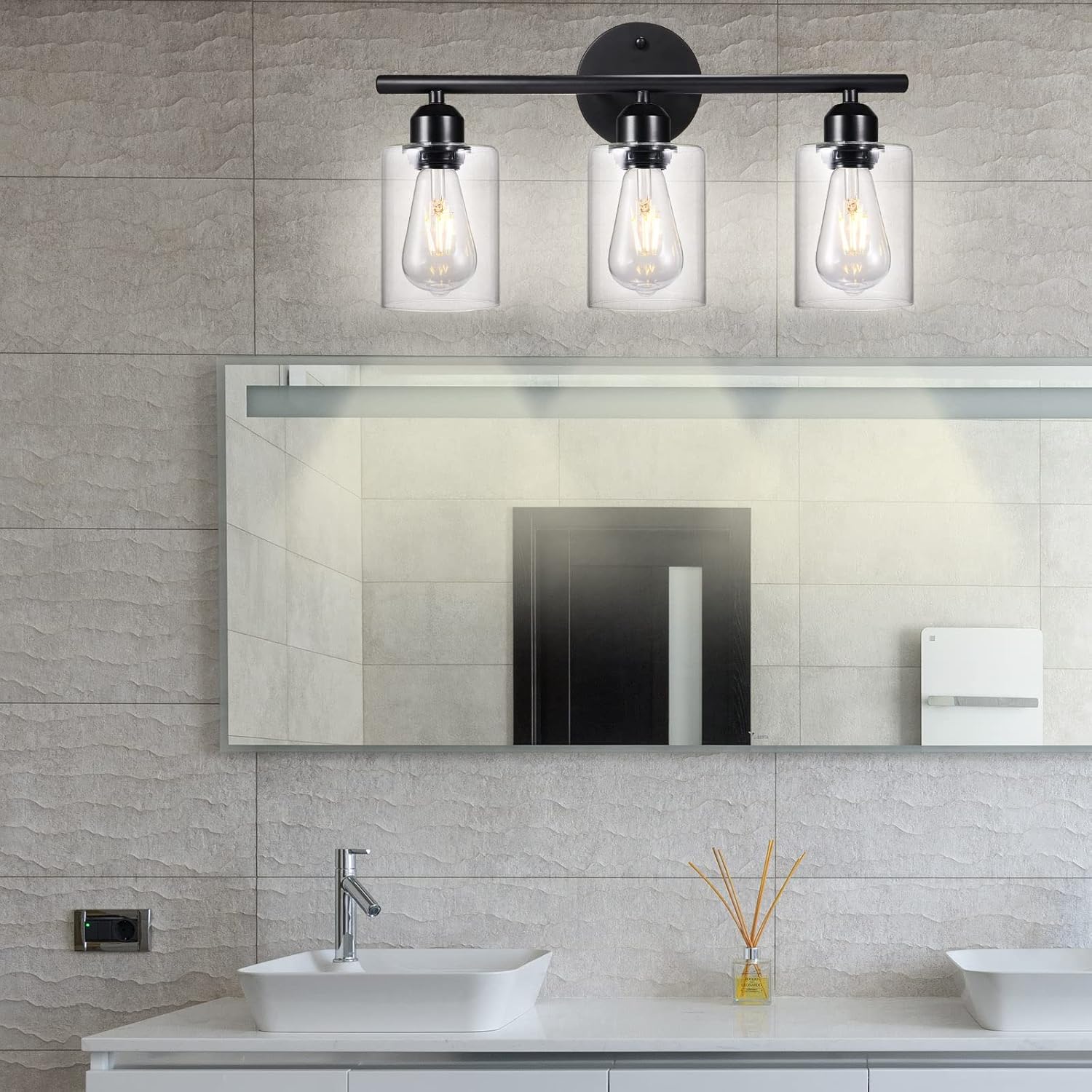 OmiSun Bathroom Vanity Light Fixtures, 3-Light Black Bathroom Light Fixtures Modern Bathroom Wall Lamp with Clear Glass Shade, Bathroom Wall Lights for Mirror, Living Room, Bedroom, Hallway, Porch - - 