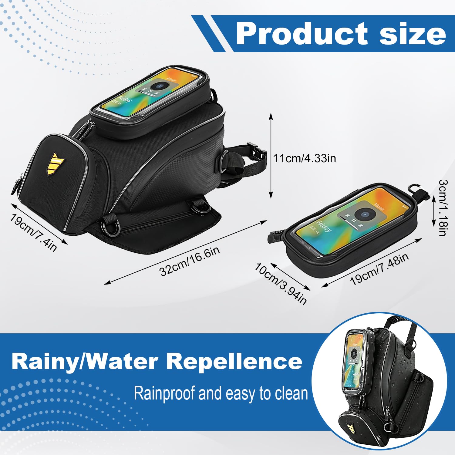 Motorrad Tankrucksack,wasserdichte Motorrad-Kraftstofftanktasche mit Abnehmbarer Touchscreen-Handyhalterung, Magnetic Motorcycle Tank Bag, 3 Magneten und 4 verstärkten Riemen