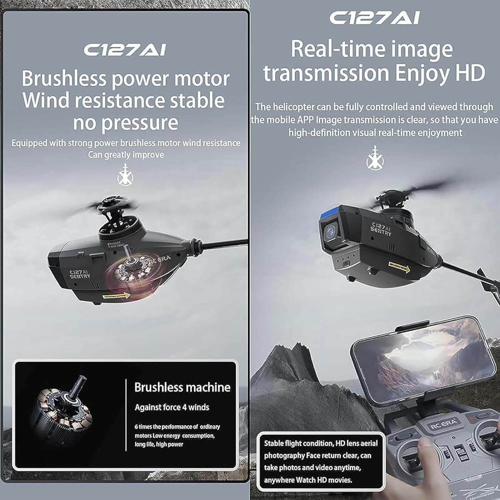 C127AI Model helikoptera RC z kamerą, zdalnie sterowany helikopter 2.4G RC 4CH Zabawki Wojskowy dron zwiadowczy Jednosilnikowy bezszczotkowy dron dla dorosłych początkujących,Black