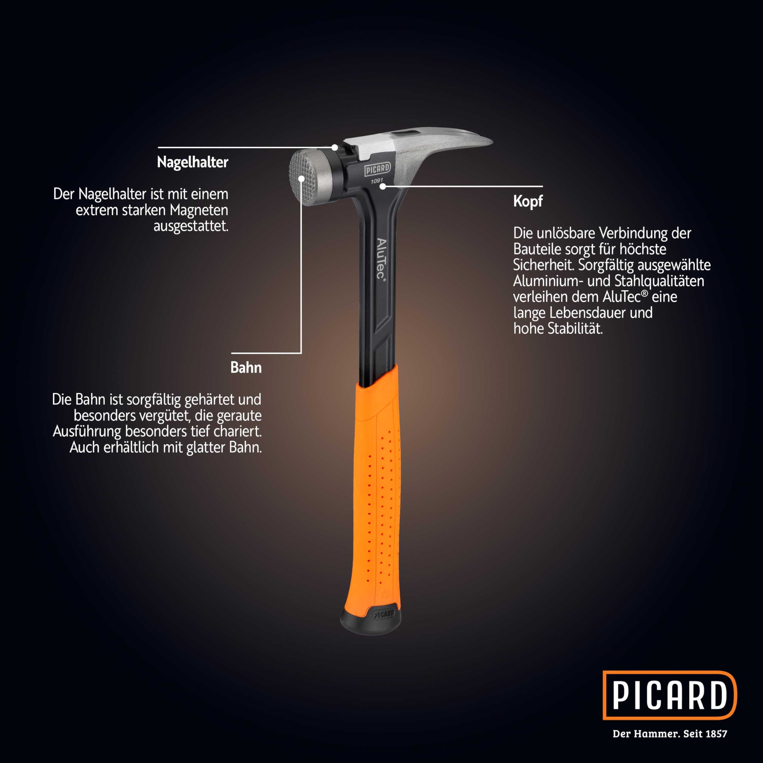 Picard Martello Carpentiere Liscia AluTec®, No. 1095 | Martello da Carpentiere Professionale con Estrazione Chiodi | Leggero E Potente | Ergonomico E Antivibrazione | Hammer Ibrido Alluminio