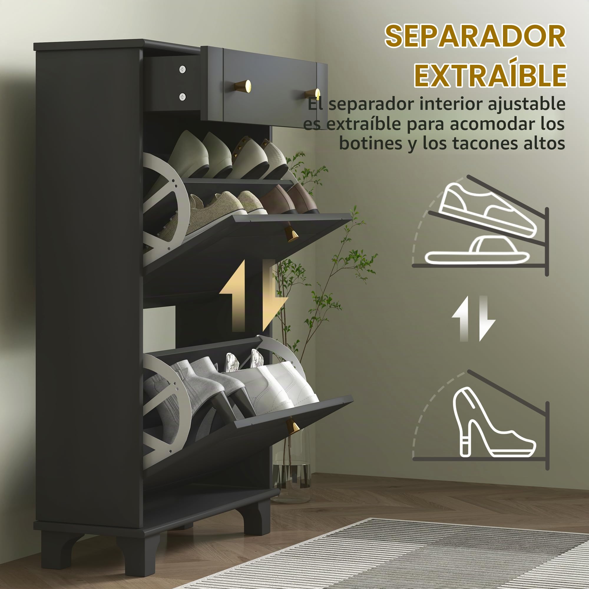 HOMCOM Armario Zapatero con cajones de Puerta abatible y Estante Ajustable, Armario de Entrada y Pasillo 8 Pares para Entrada y Pasillo 60x23,5x98,5 cm, Color Negro
