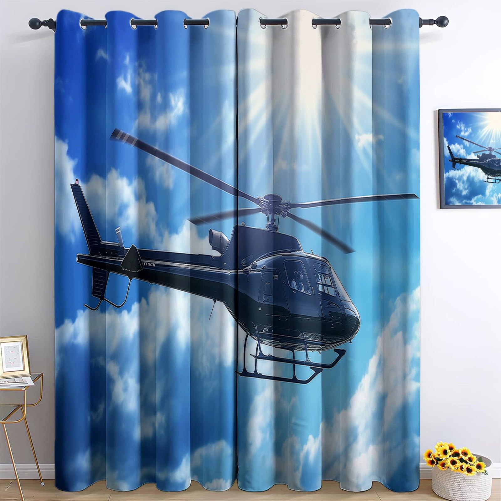3D Print Blackout Curtains, Eyelet Curtains Blue Sky And White Clouds Helicopter, Thermal Insulated Window Drapes, Curtains for Kids Boys Girls Living Room Bedroom, 2 Panels 46” W x 90” L