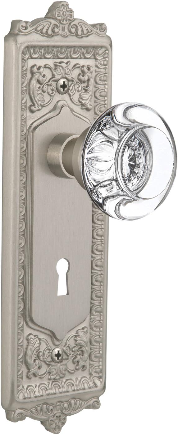 Nostalgic Warehouse Egg & Dart Plate with Keyhole Round Clear Crystal Glass Knob, Single Dummy, Antique Brass